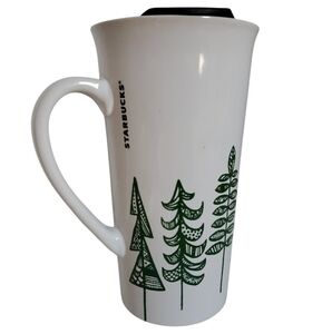 2015 Starbucks Holiday White Travel Mug Cup Evergreen Tree 14.3 FL Oz Slide Lid